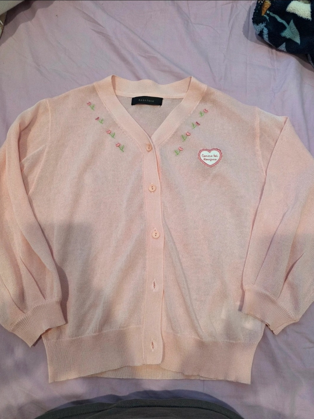 Pastel Pink Embroidered V-Neck Cardigan Sweater - Roan Jane